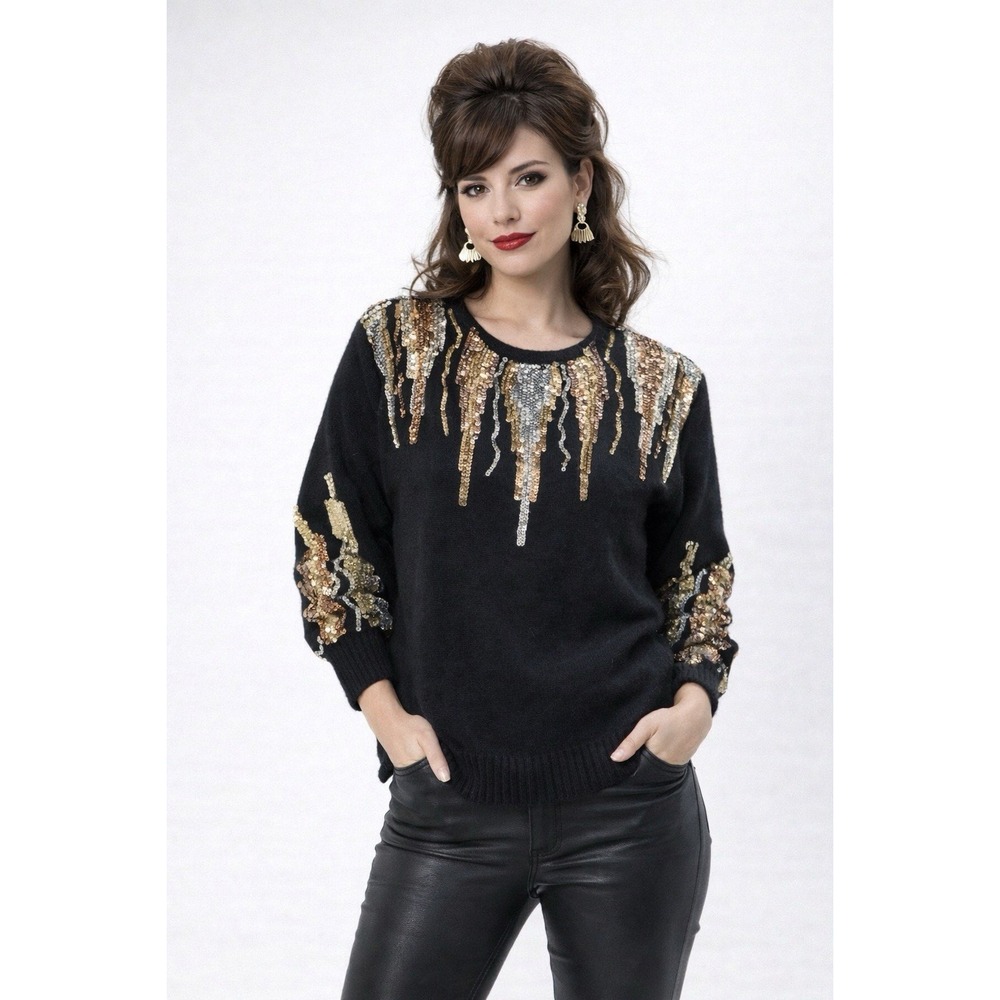 Vtg 80s 90s Silk Sweater Womens L Black Sequin Glam‎ Bling Avant Garde Artsy